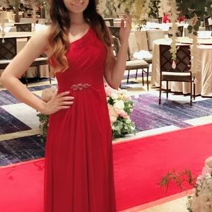 Red gown. Floor length. Bridesmaid dress or formal